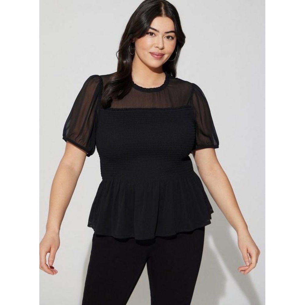 Torrid Women's Black Chiffon Ruffle Smocked Peplum Sheer Crop‎ Top Size 6X Chic